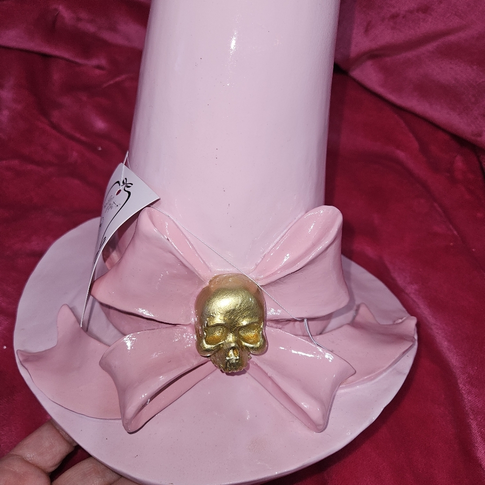 Chic Pink Top Hat with Gold Skull Detail Decor